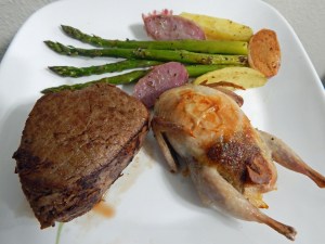Buffalo Tenderloin and Jalapeno Pecan Stuffed Quail with Asparagus and Fingerling Potatoes
